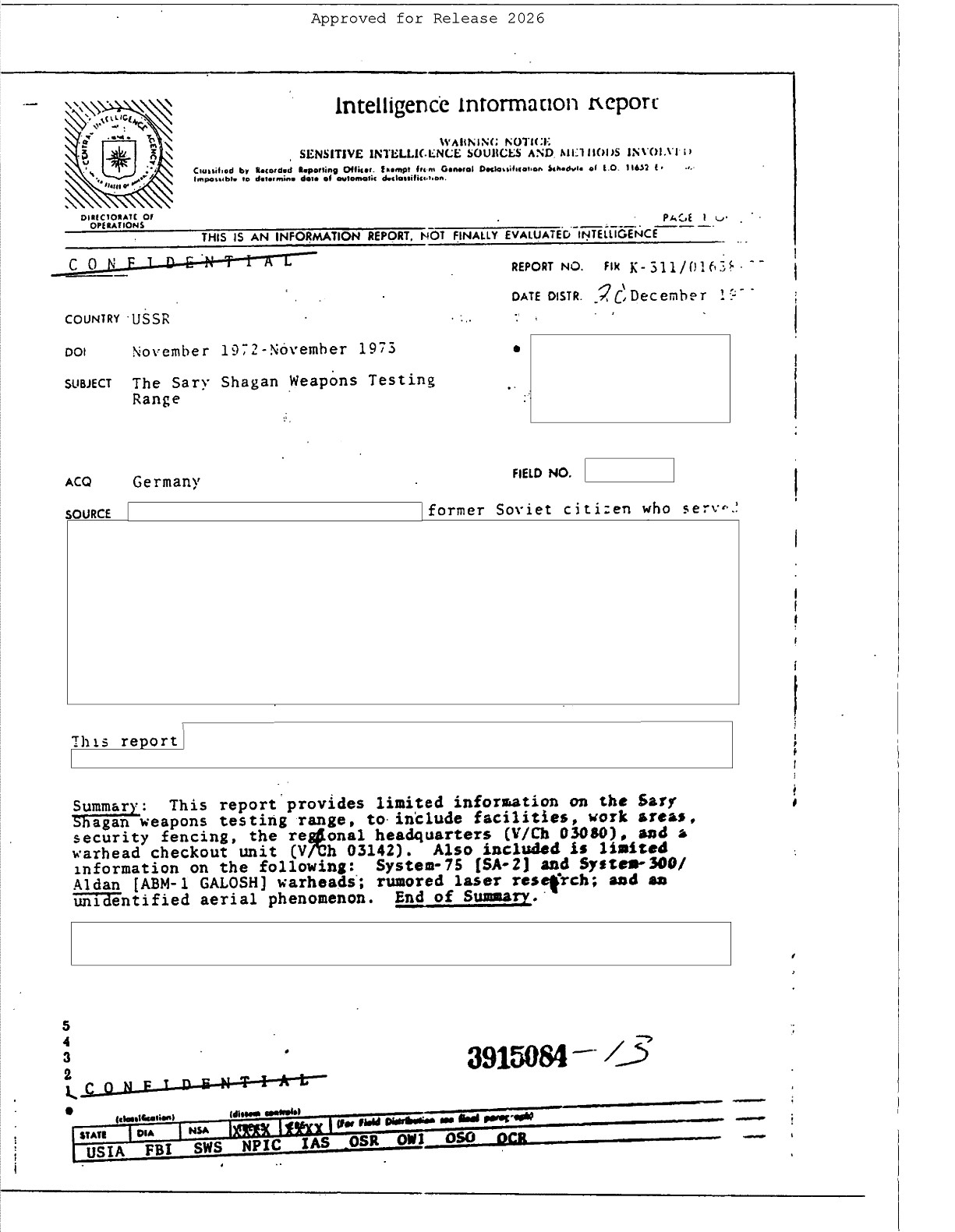 CIA Intelligence Information Report FIRK-311/01638-77 — Sary Shagan USSR 1973