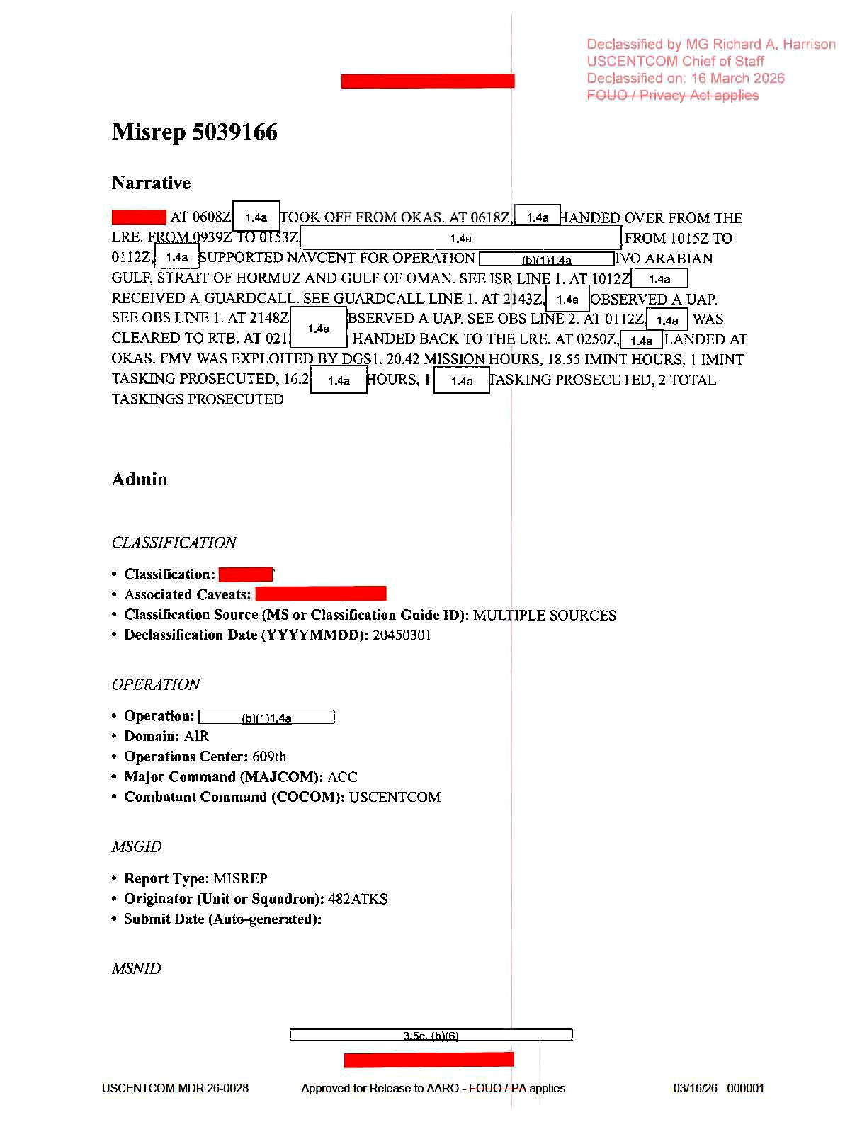 USCENTCOM Mission Report 26-0028 — UAP Observations over Arabian Gulf, November 2020