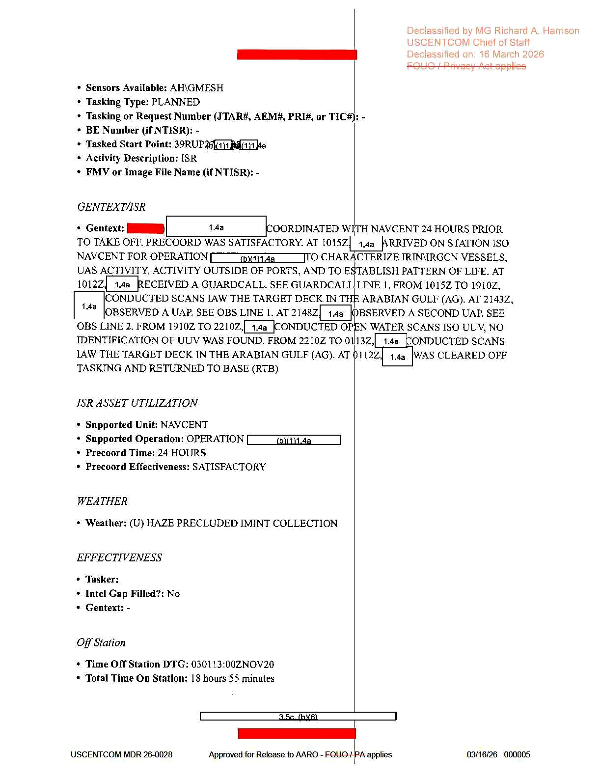 USCENTCOM UAP Observation Narrative — Arabian Gulf November 2020